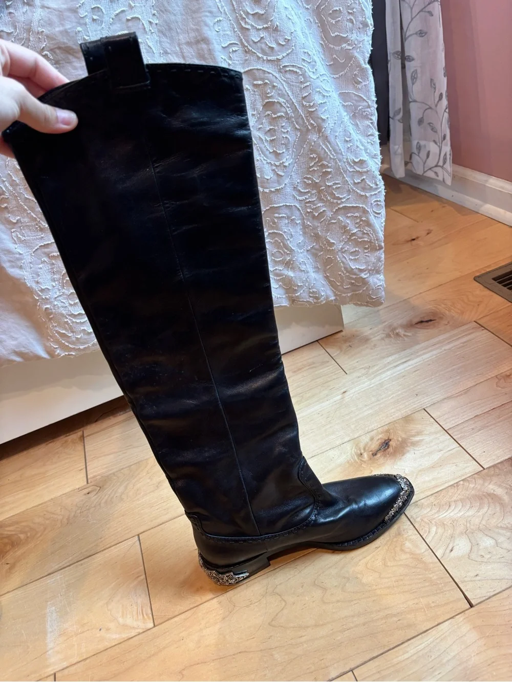 Women's Tall Black Leather Western Boots with Decorative Heel
